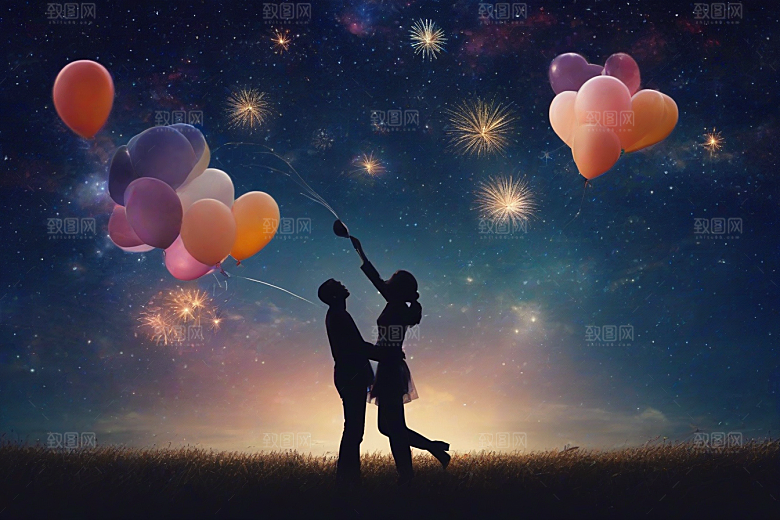 情侣眷恋烟花照亮浪漫星空