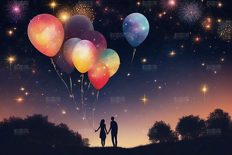 情侣眷恋烟花照亮浪漫星空