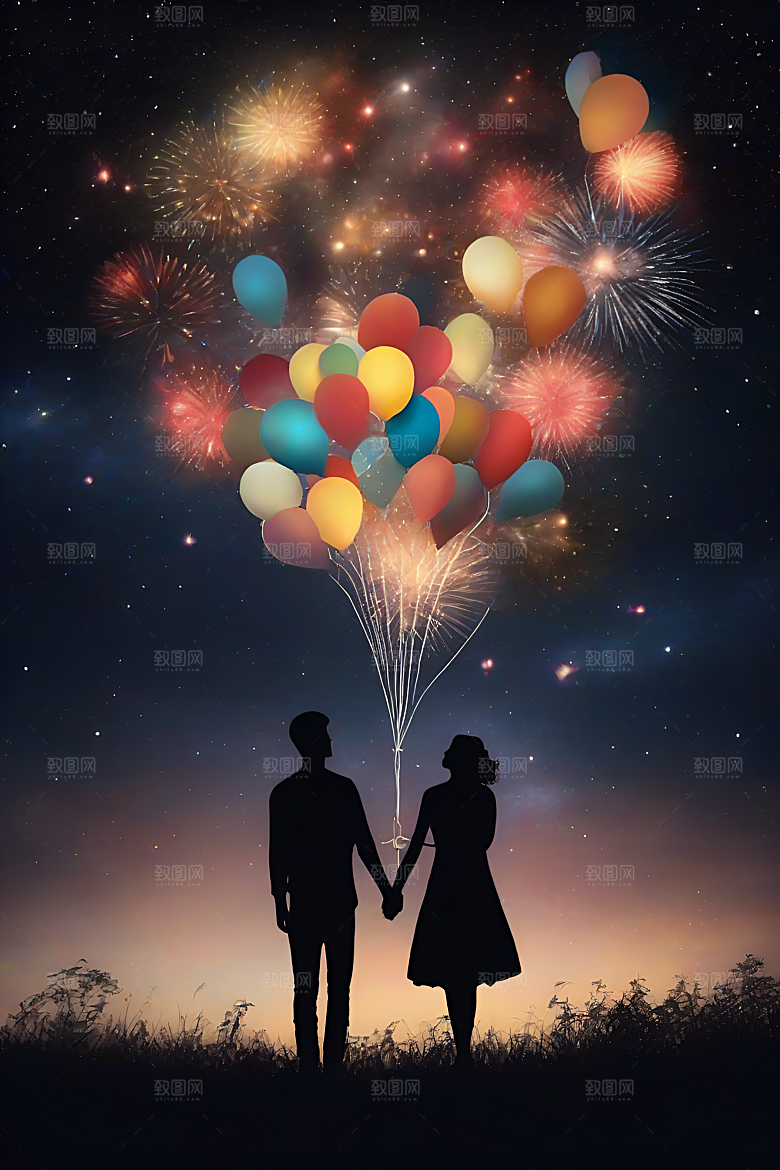 夜空烟花情侣幸福共享浪漫