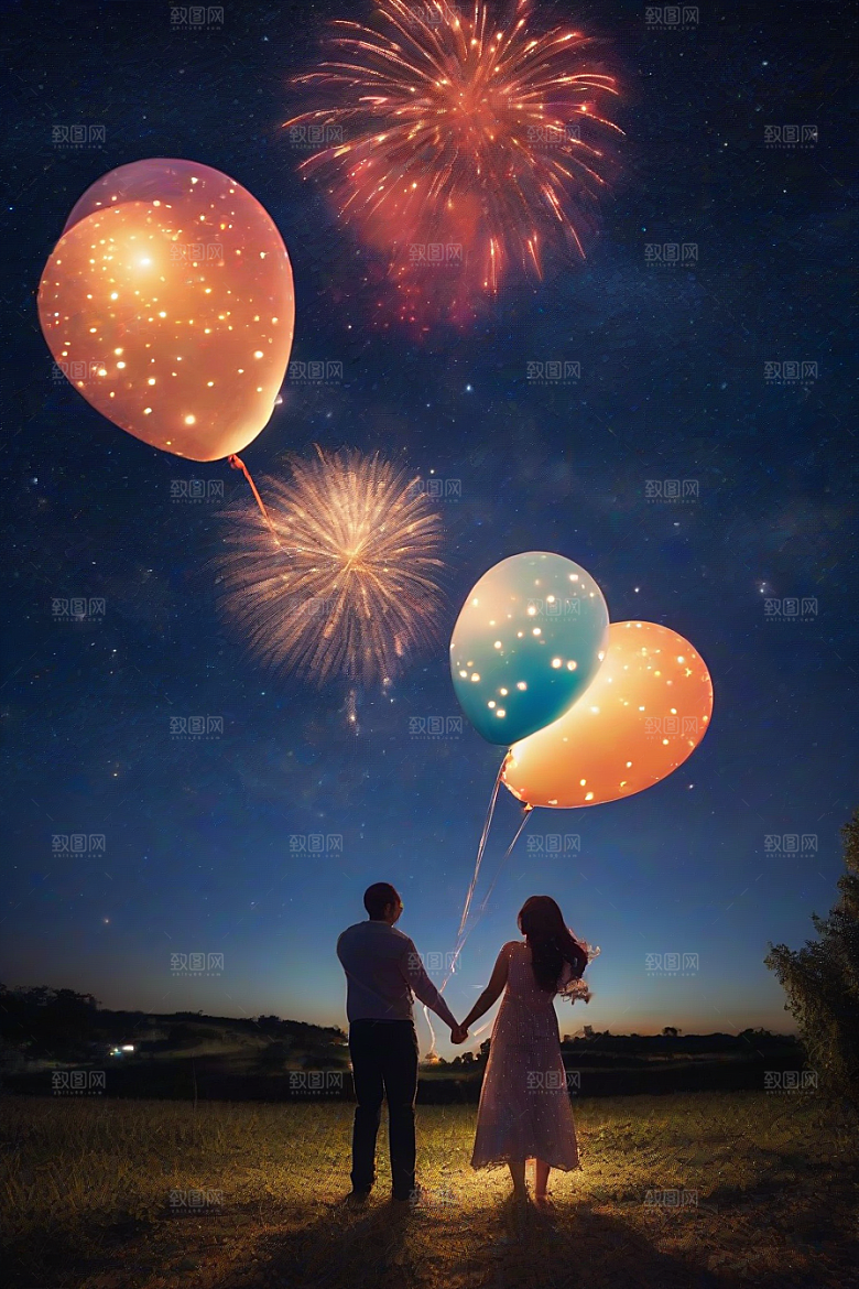 夜空烟花情侣幸福共享浪漫