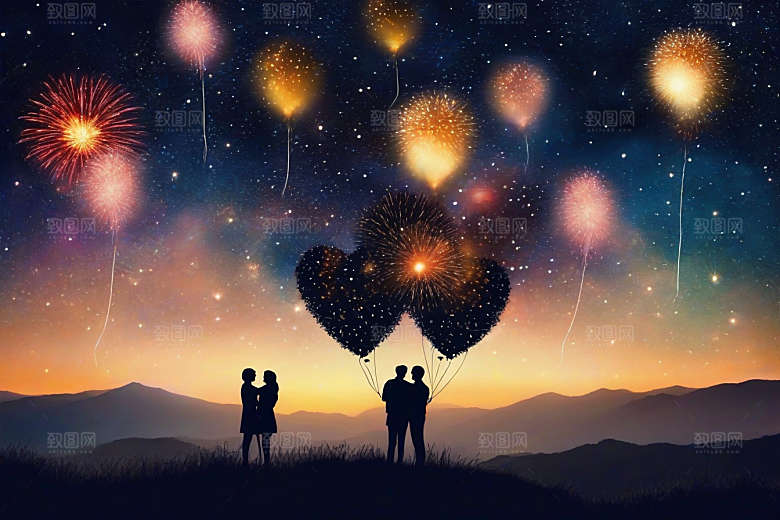 夜空烟花情侣幸福共享浪漫