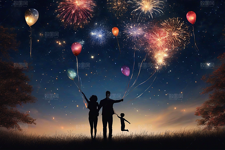 夜空烟花情侣幸福共享浪漫