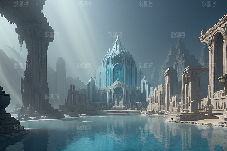 海底世界的水晶宫殿光蓝色下的壮丽cg油画