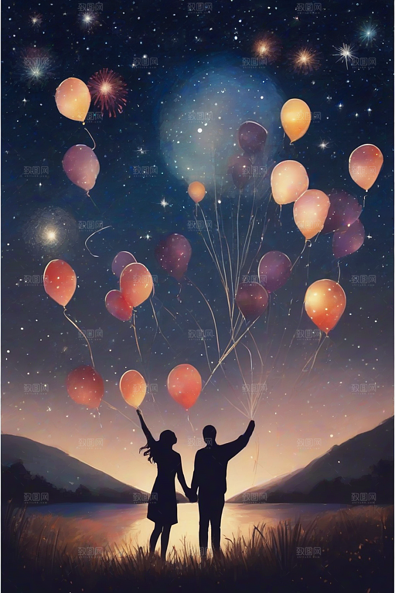 烟花盛放情侣共度浪漫夜晚
