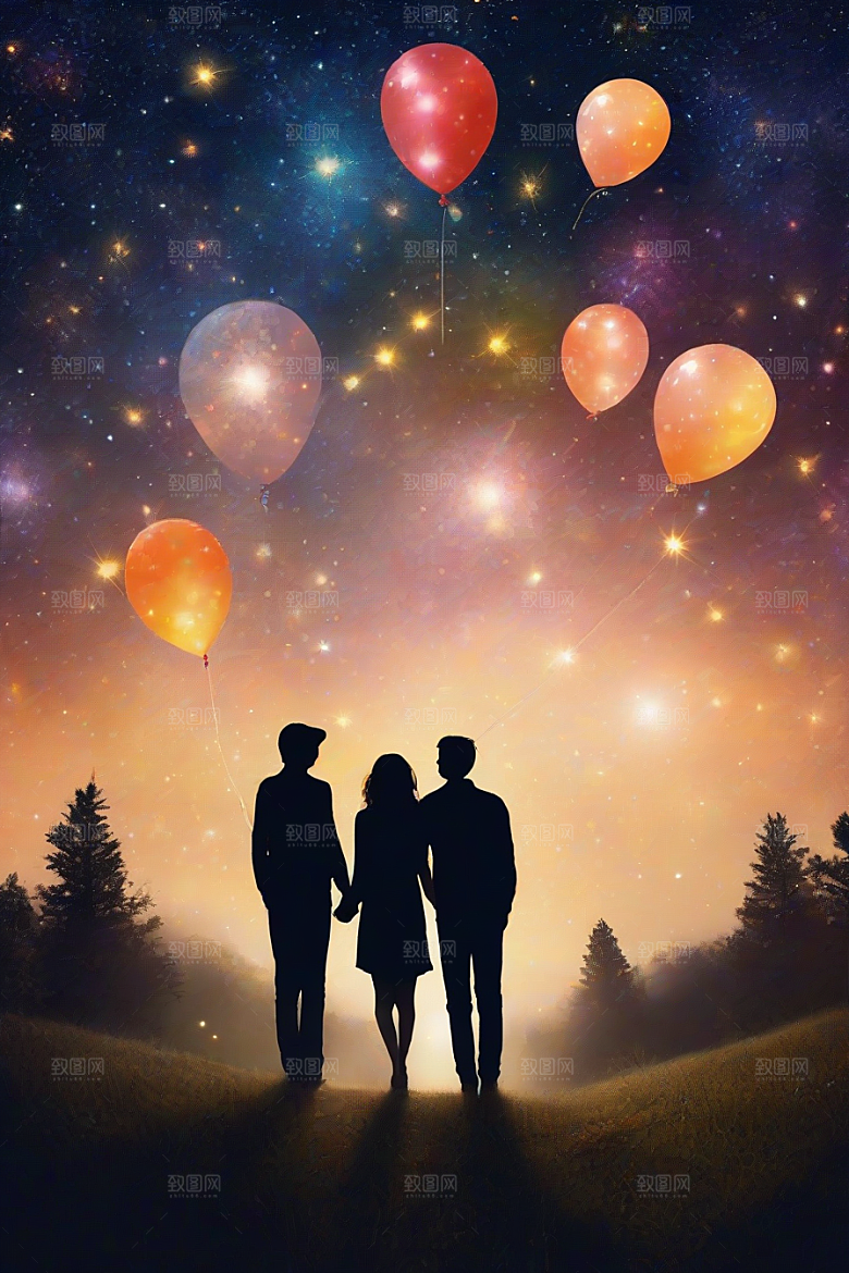 情侣手牵手烟花点亮浪漫星空
