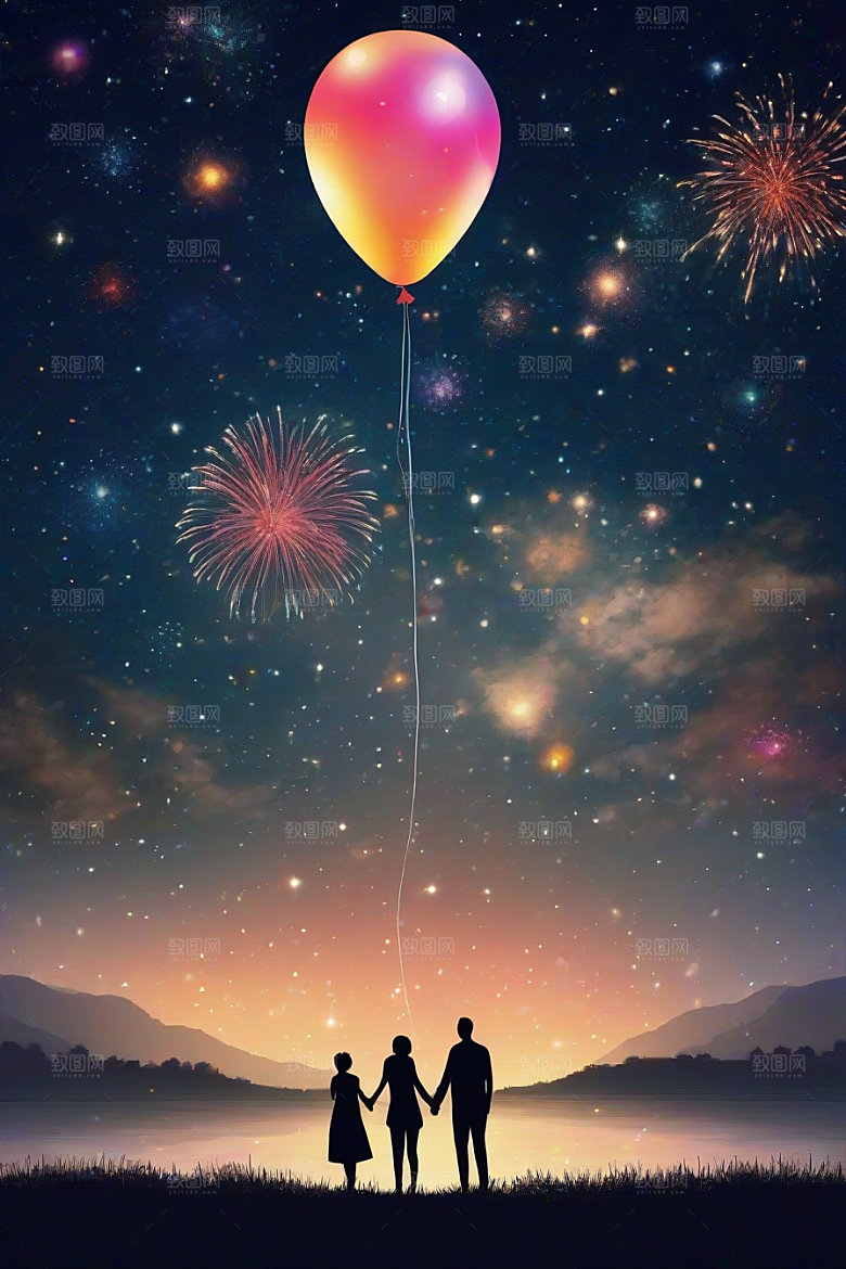 情侣手牵手烟花点亮浪漫星空