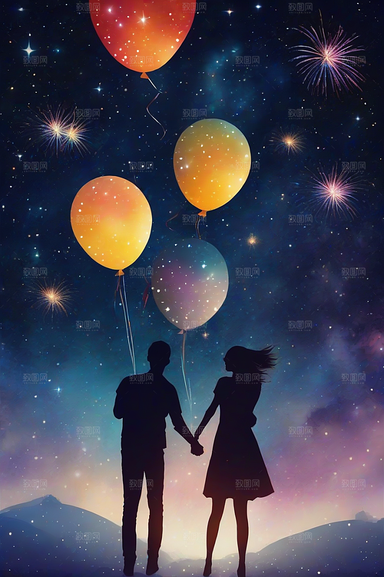 情侣手牵手烟花点亮浪漫星空