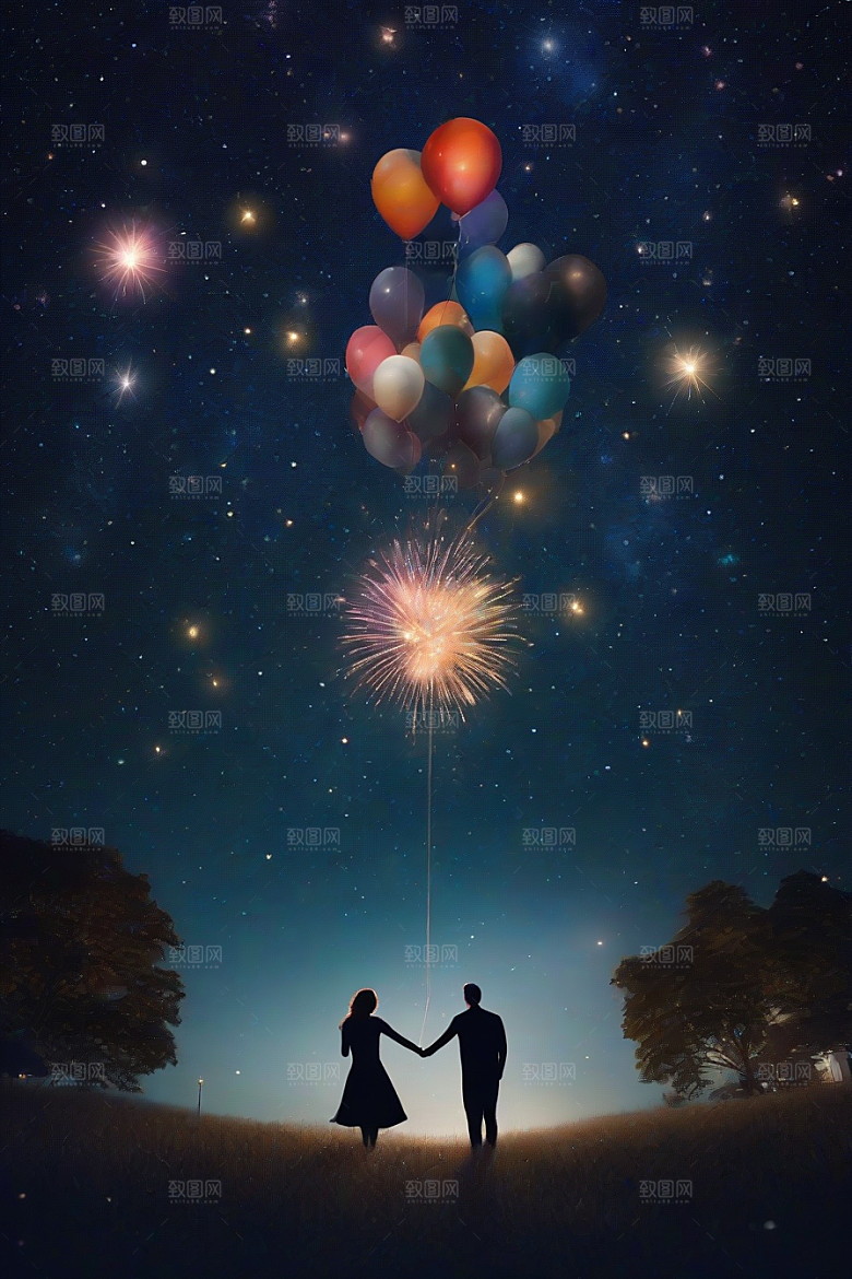情侣手牵手烟花点亮浪漫星空