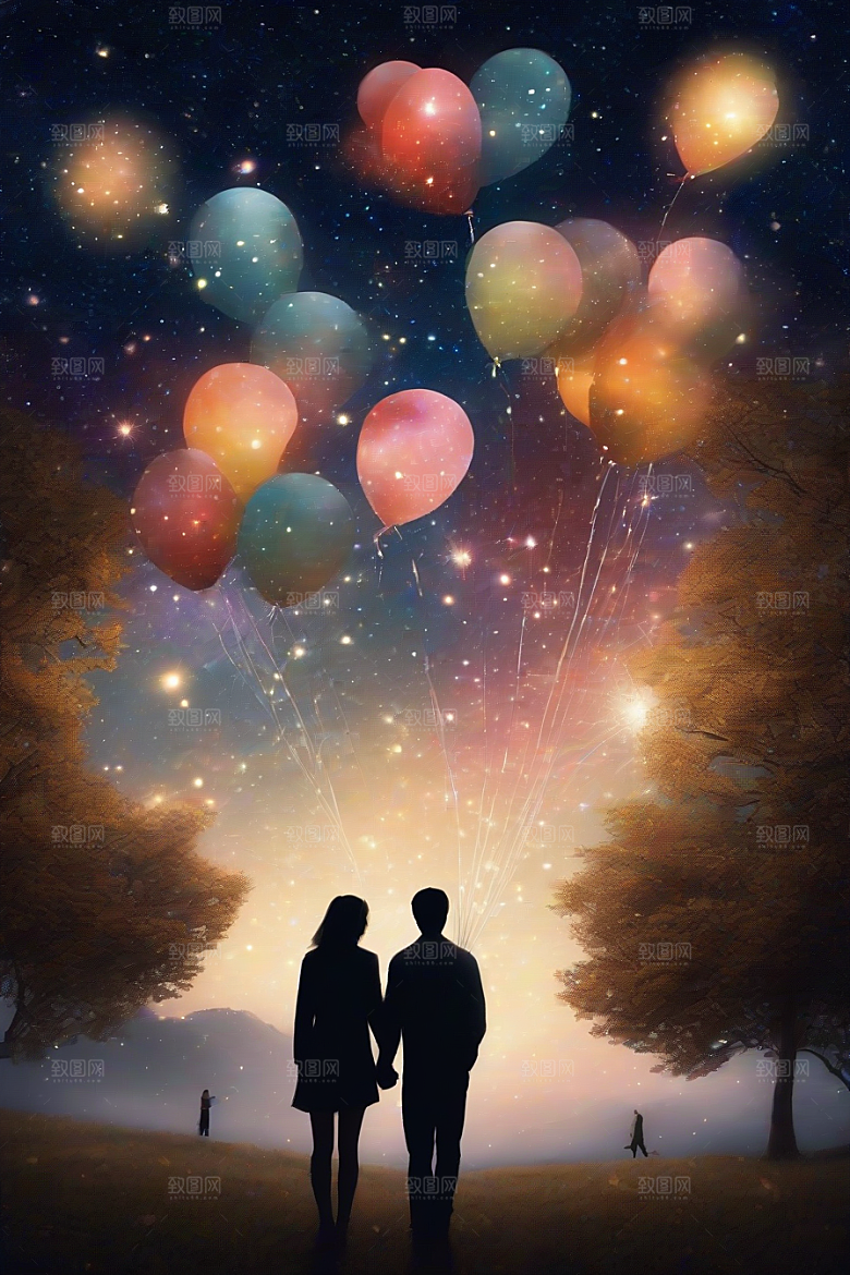 情侣手牵手烟花点亮浪漫星空