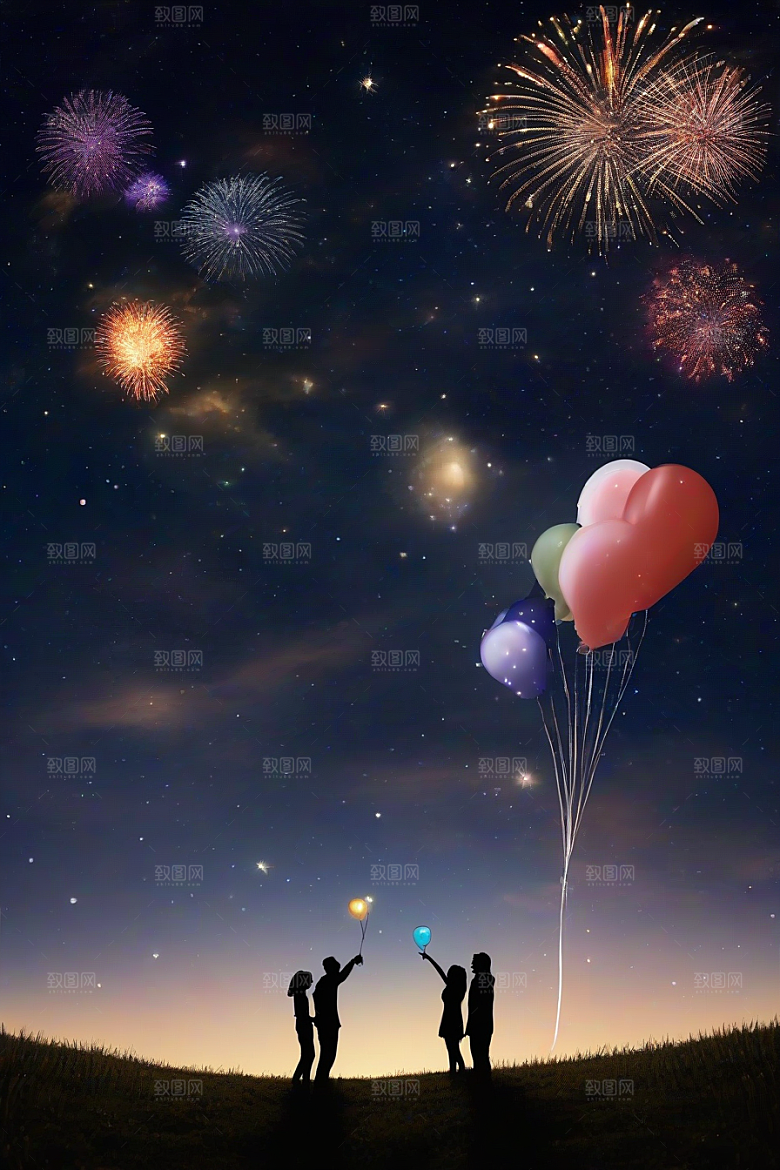 情侣手牵手浪漫星空绽放烟花