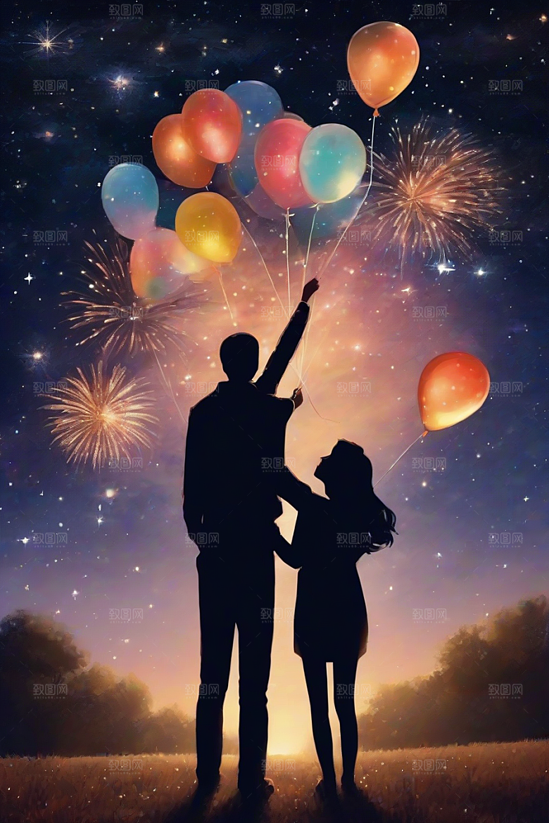 情侣手牵手浪漫星空绽放烟花