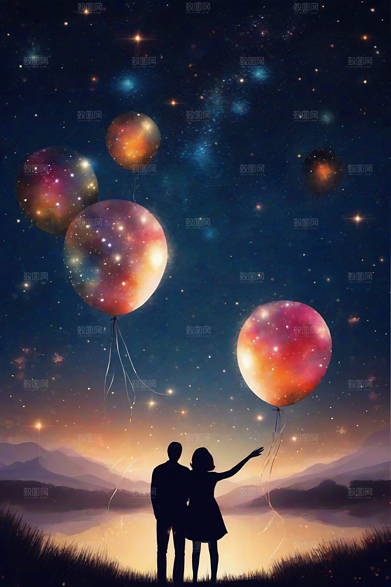 情侣手牵手浪漫星空绽放烟花
