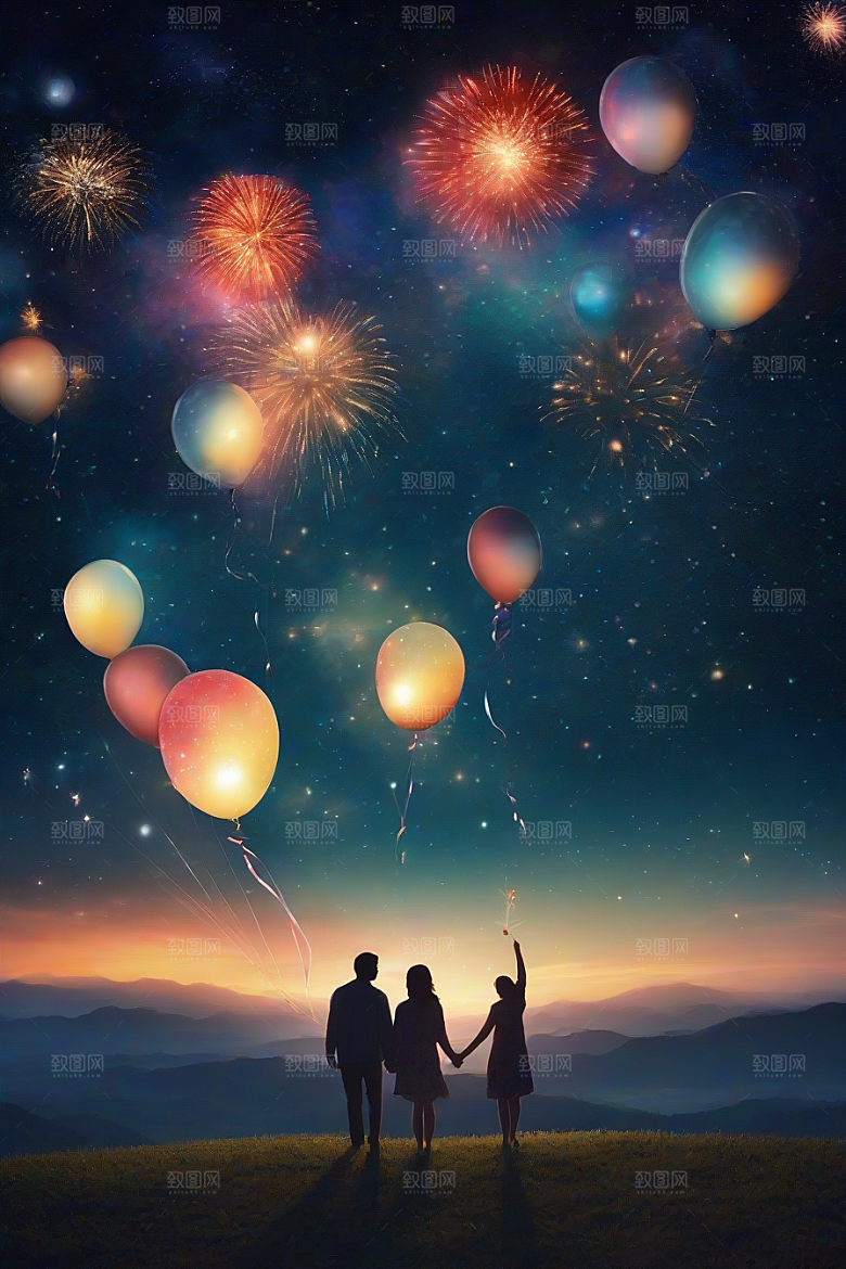 甜蜜情侣缤纷烟花点亮浪漫夜空