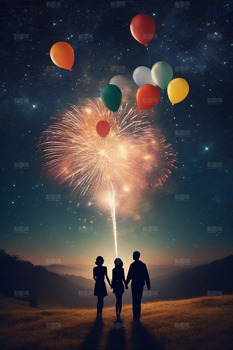 甜蜜情侣缤纷烟花点亮浪漫夜空