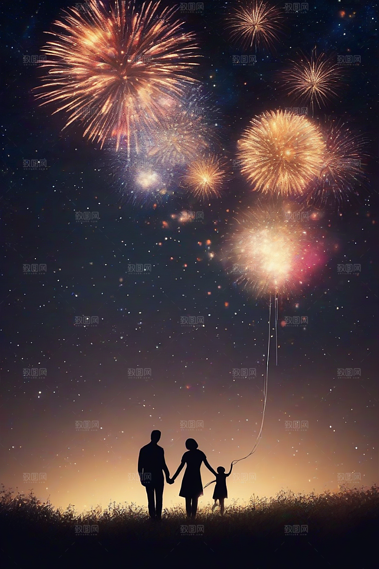 甜蜜情侣缤纷烟花点亮浪漫夜空