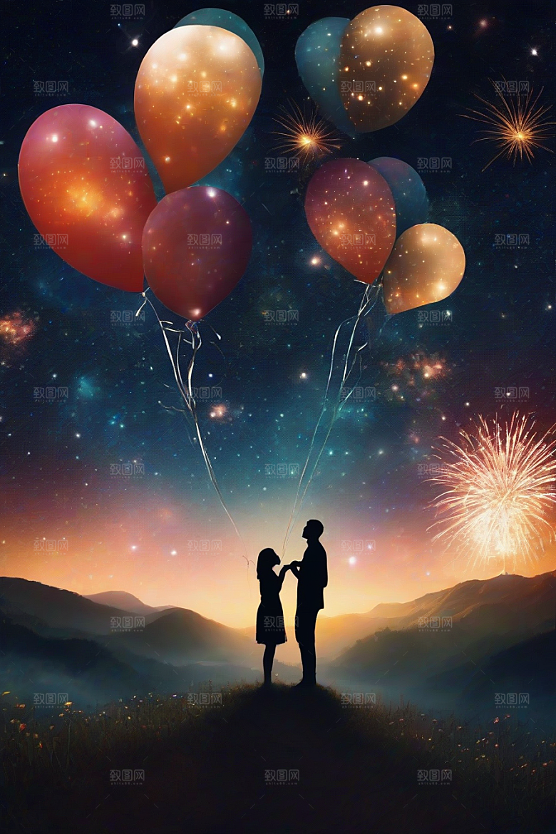 甜蜜情侣缤纷烟花点亮浪漫夜空
