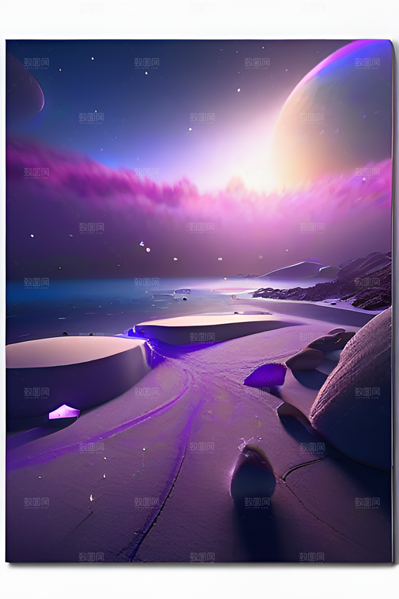北极之美夜晚苔原与星空的CG渲染
