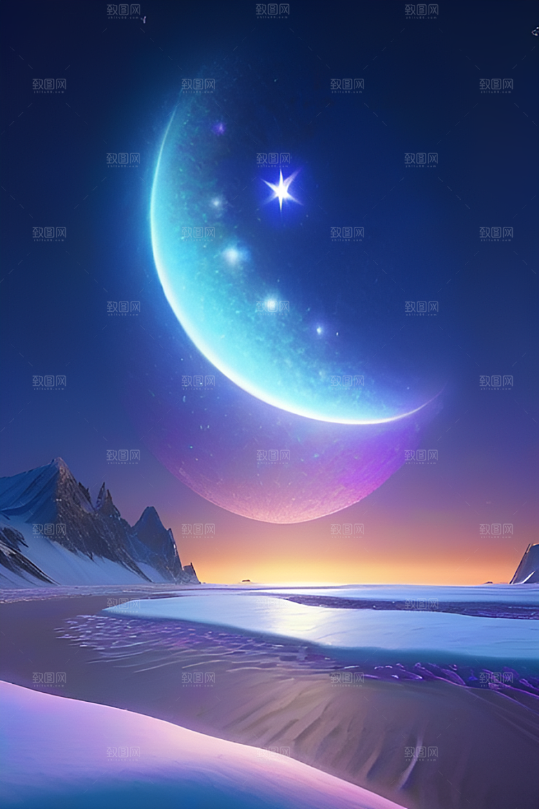 北极之美夜晚苔原与星空的CG渲染