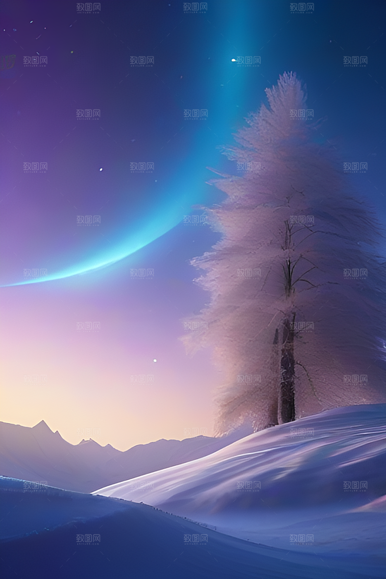 北极之美夜晚苔原与星空的CG渲染