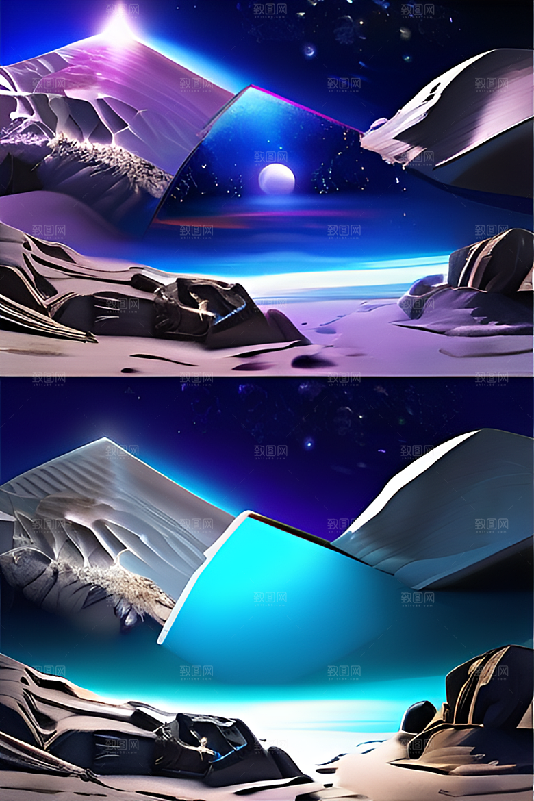 北极之美夜晚苔原与星空的CG渲染
