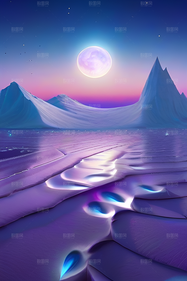 北极之美夜晚苔原与星空的CG渲染