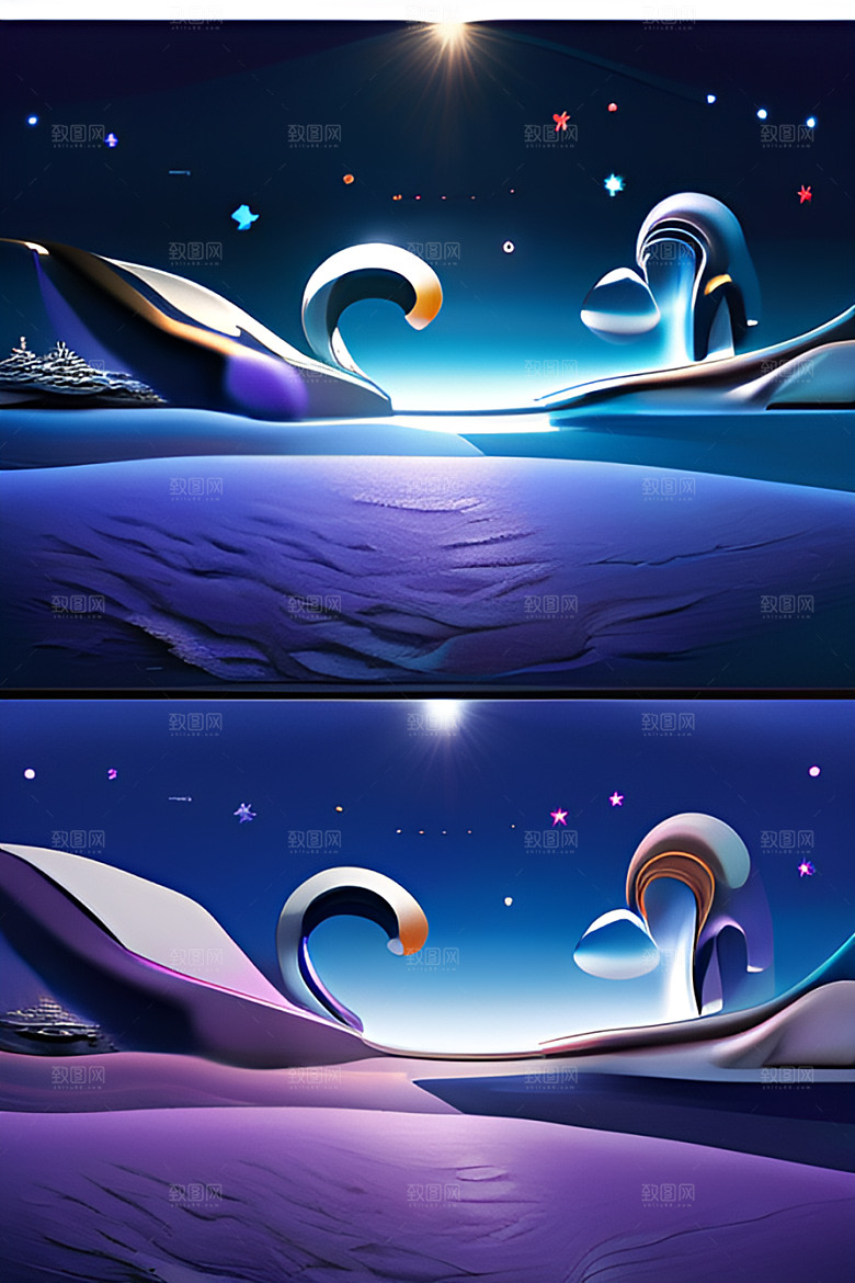 北极之美夜晚苔原与星空的CG渲染