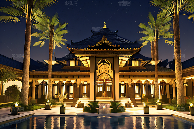 夜晚的玻璃宫殿3D光线追踪