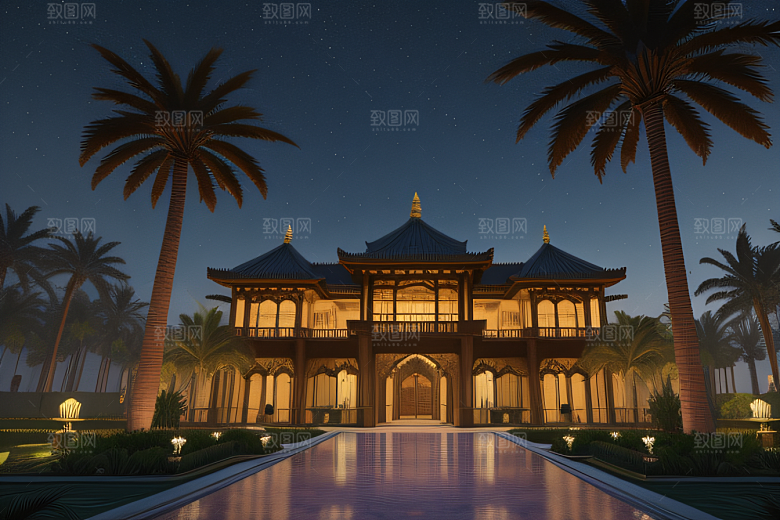 夜晚的玻璃宫殿3D光线追踪