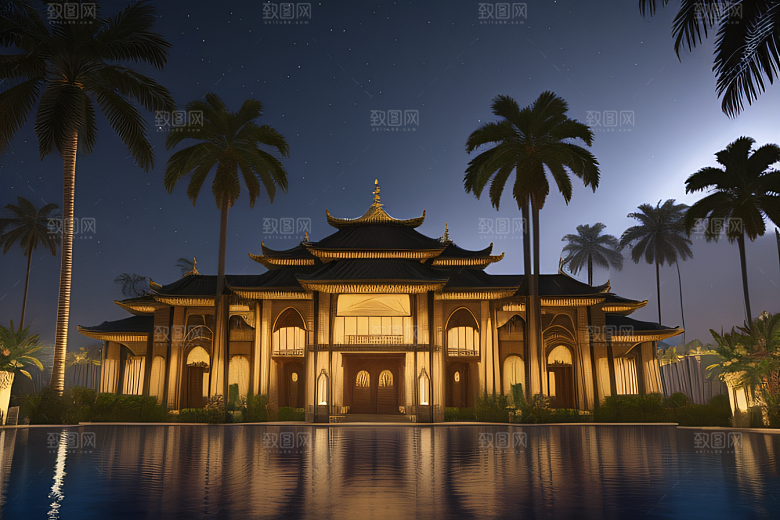 夜晚的玻璃宫殿3D光线追踪