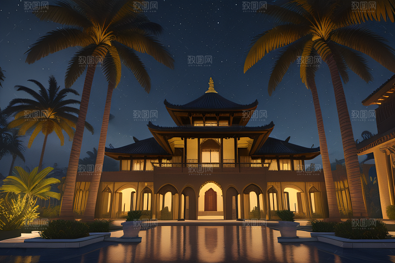 夜晚的玻璃宫殿3D光线追踪
