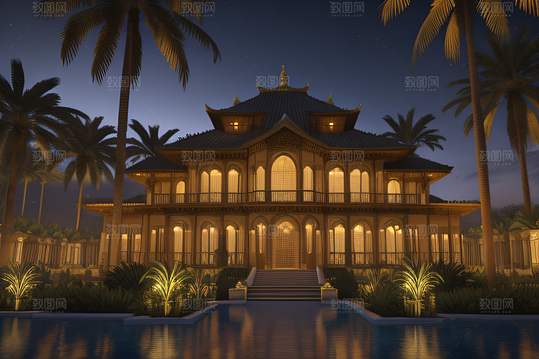夜晚的玻璃宫殿3D光线追踪