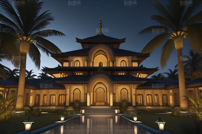 夜晚的玻璃宫殿3D光线追踪