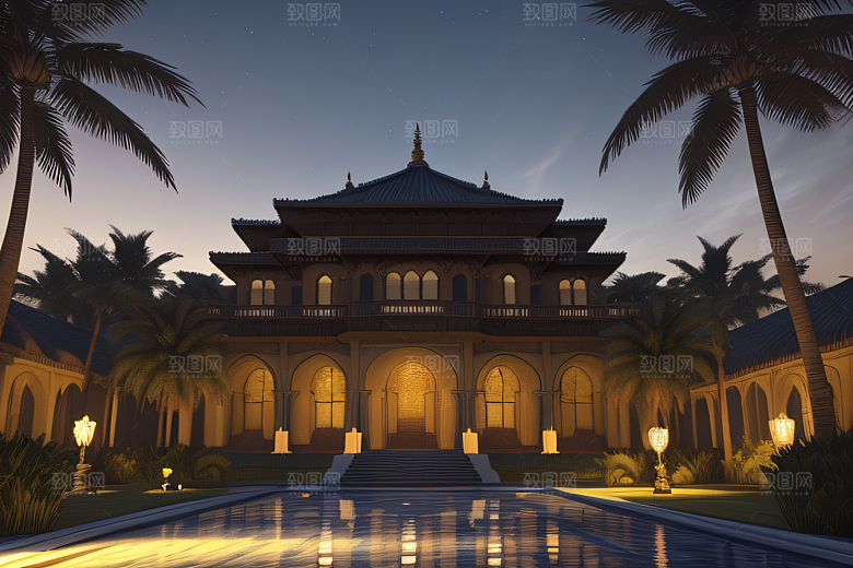 夜晚的玻璃宫殿3D光线追踪