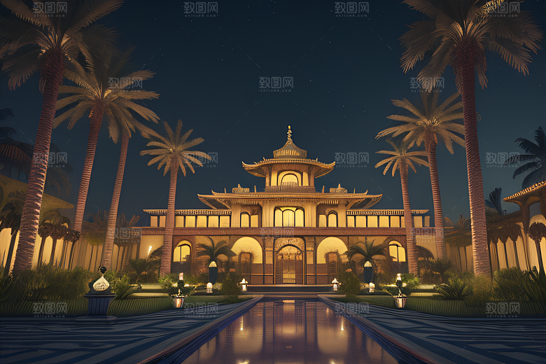 夜晚的玻璃宫殿3D渲染之美