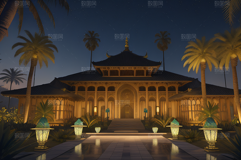 夜晚的玻璃宫殿棕榈树掩映
