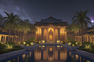 夜晚的玻璃宫殿棕榈树掩映