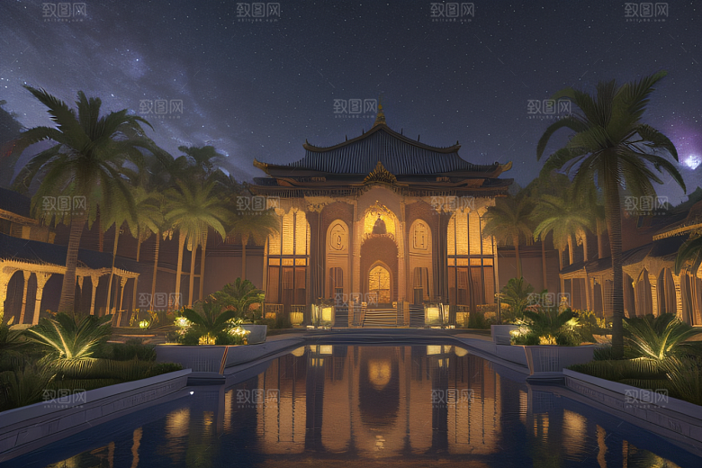 夜晚的玻璃宫殿棕榈树掩映