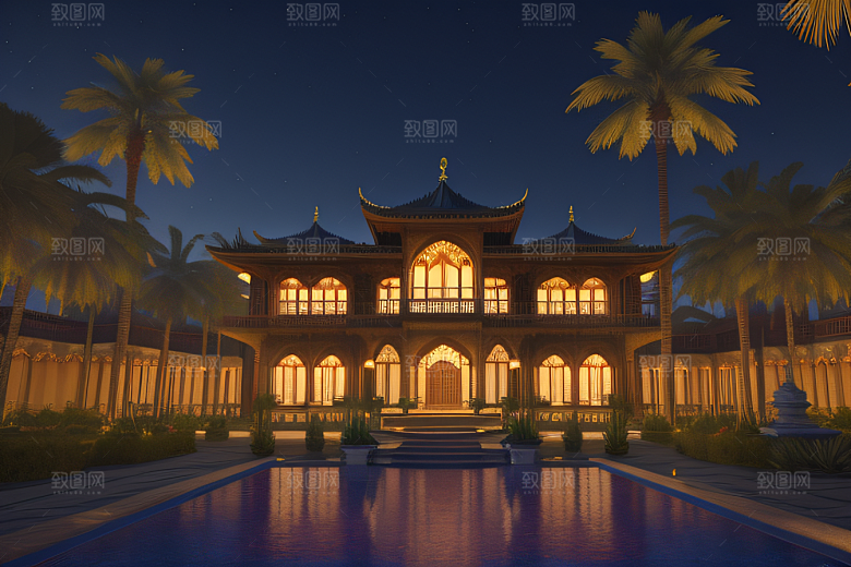 夜晚的玻璃宫殿棕榈树掩映