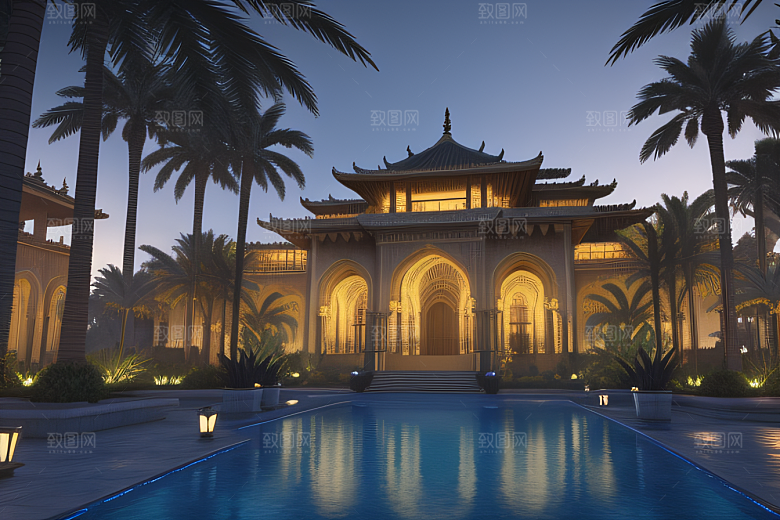 夜晚的玻璃宫殿棕榈树掩映