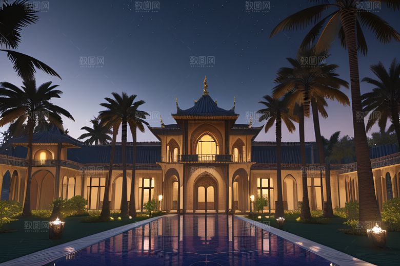 夜晚的玻璃宫殿棕榈树掩映