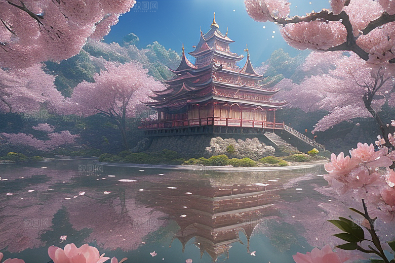 梦幻桃花绽放的桃花在深海中