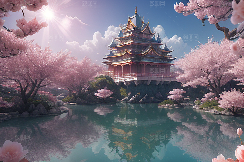 梦幻桃花绽放的桃花在深海中