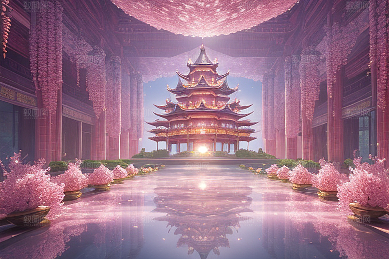 梦幻桃花绽放的桃花在深海中