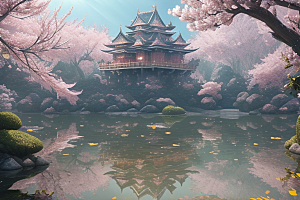 梦幻桃花绽放的桃花在深海中
