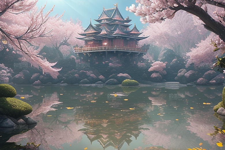 梦幻桃花绽放的桃花在深海中