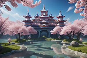 梦幻桃花绽放的桃花在深海中