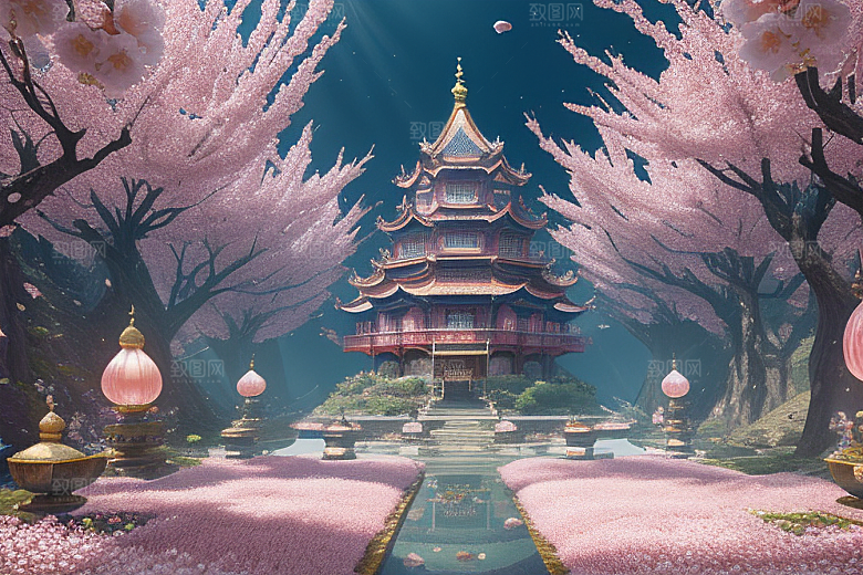 梦幻桃花绽放的桃花在深海中