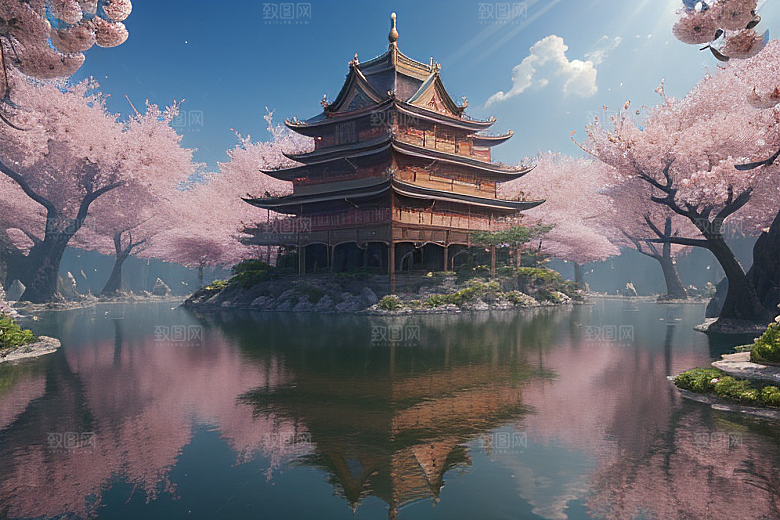 梦幻桃花绽放的桃花在深海中