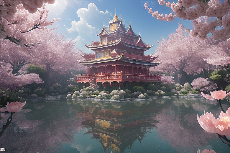 梦幻桃花绽放的桃花在深海中