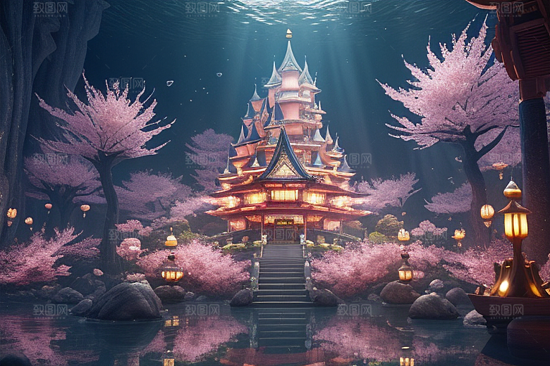桃花奇幻绽放的桃花在深海中